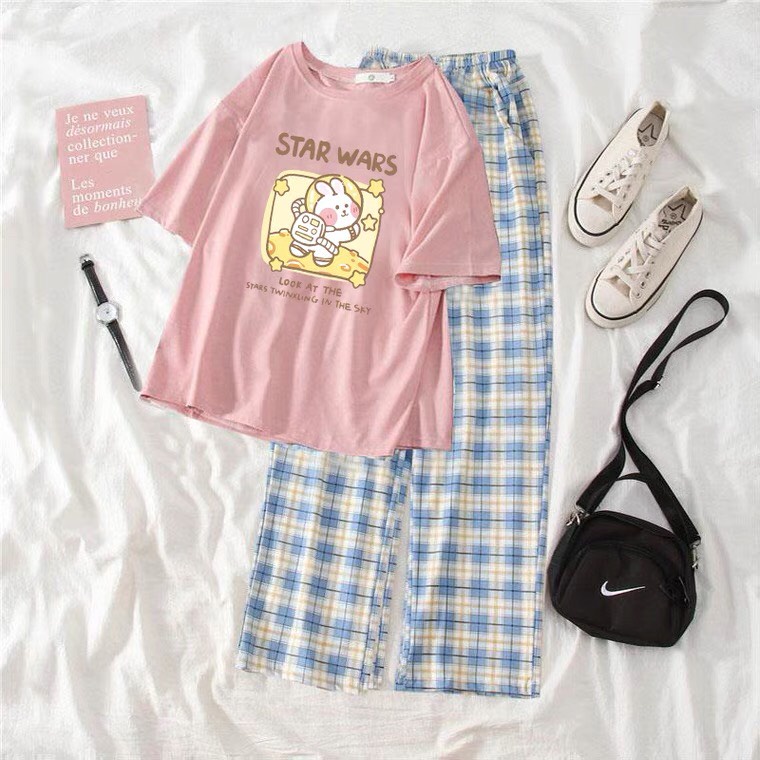 Sét Áo Thỏ Star + quần kẻ xanh, Áo thun from rộng, Chất đẹp không xù, quần suông ống rộng, Sét bộ mặc ở nhà - MODY