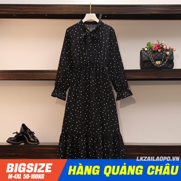 BIGSIZE nữ 45-100kg Đầm midi dáng dài Che Bụng Mỡ Ôm Eo Phối đen chấm bi voan cổ nơ tay dài - Váy - Phong cách Hàn Quốc ulzzang xinh đẹp - đi dự tiệc