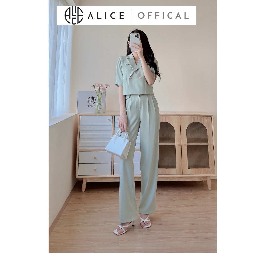 Set Đồ Công Sở Quần Dáng Suông, Áo Croptop Cổ Vest ALICE Chất Chéo Kaki Lót Lụa Cao Cấp Mềm Mịn, Thấm Hút Tốt S1018