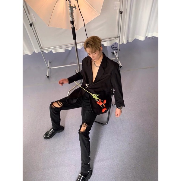 Quần Jeans Nam Rách Gối 🌵 Quần Xẻ Gấu Có Cúc 🌵Hai Màu Đen Và Xanh HipHop