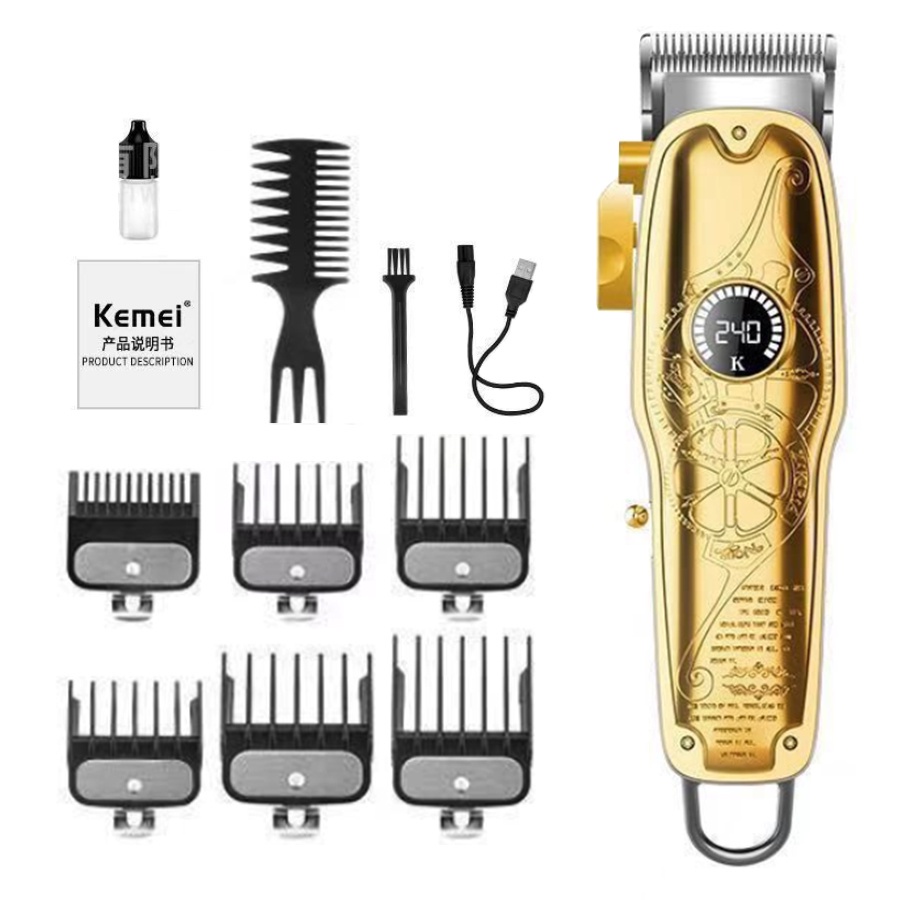 Tông đơ cắt tóc không dây cao cấp  Kemei 1969 PG - Lưỡi thép Carbon màn hình LCD