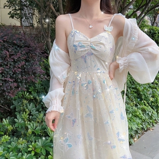 Đầm midi hai dây cổ chữ V họa tiết bướm lấp lánh/ Áo khoác bèo nữ tính thời trang (có bán cả set)