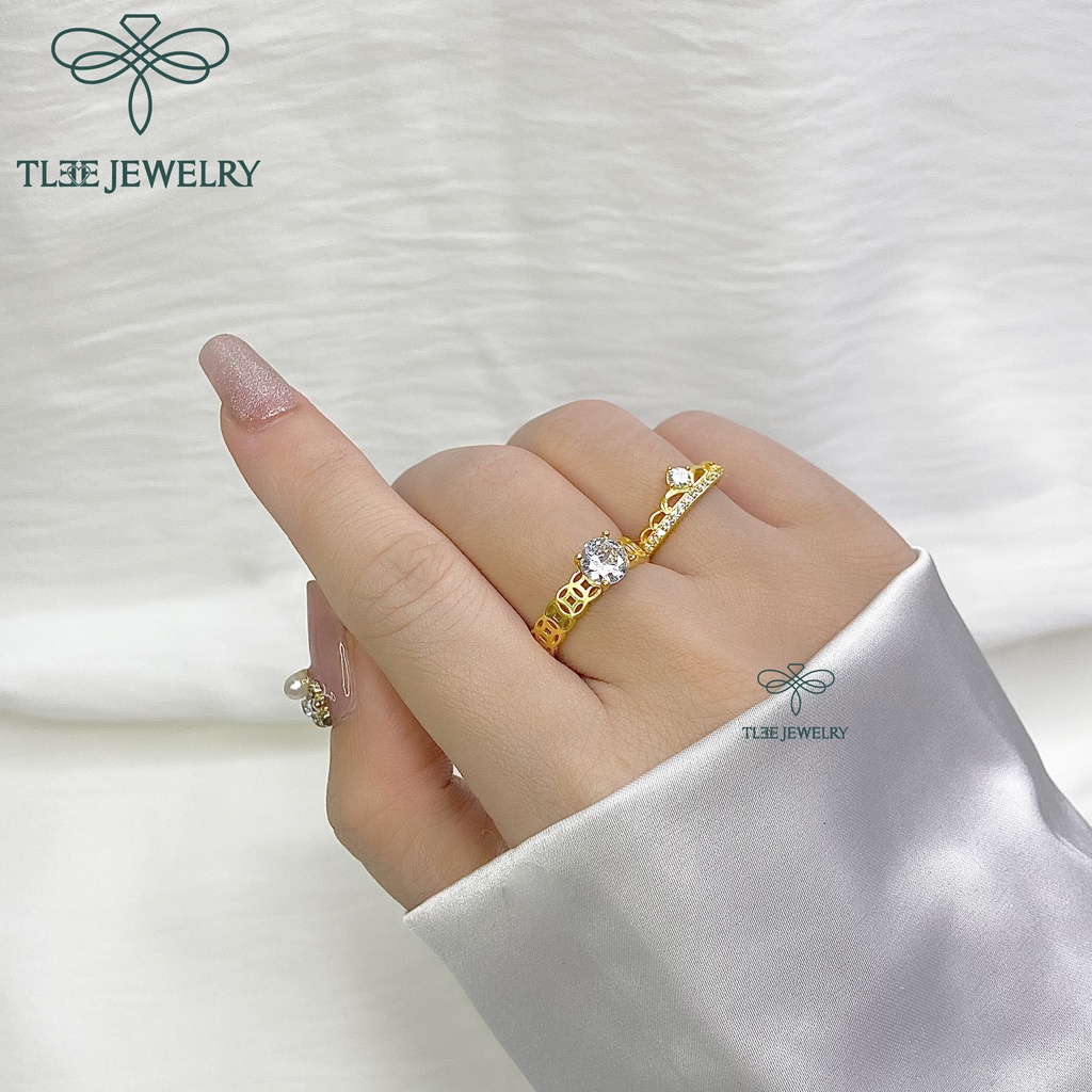 Nhẫn bạc nữ TLEE kim tiền mạ vàng 14k trụ đá bốn chấu cao cấp TleeJewelry A0144