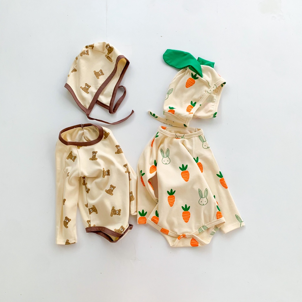 Set áo liền quần có mũ hoạ tiết cà rốt đáng yêu cho bé trai/ bé gái