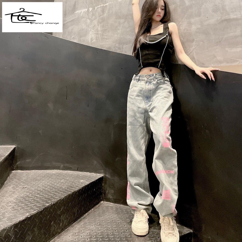 Quần Jean Dài Dáng Rộng In Họa Tiết Graffiti Kiểu Retro Đường Phố Cá Tính Cho Nữ