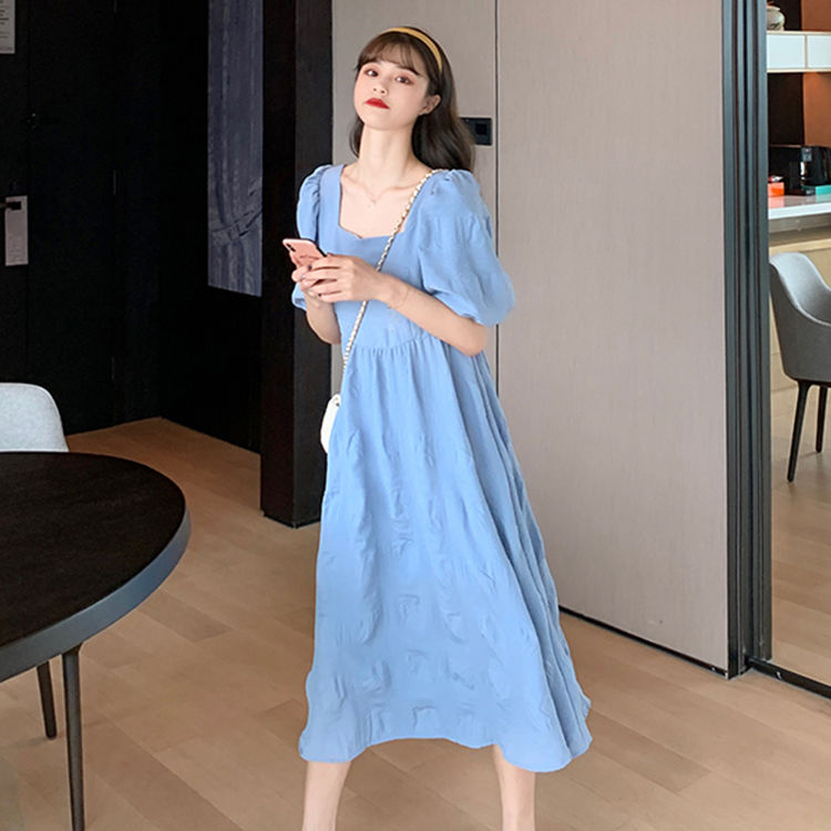 Đầm tay ngắn cổ vuông phối xếp li phong cách Hàn Quốc