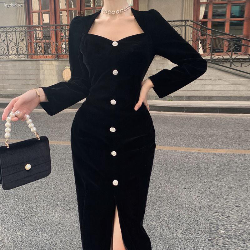 Đầm Nhung Tay Dài Dáng Ôm Phong Cách Retro Thời Trang 2021 Cho Nữ
