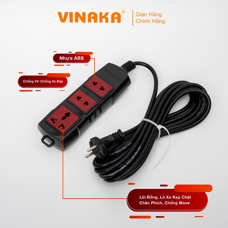 Ổ cắm điện VINAKA liền dây chịu tải 2500W cứng cáp chống vỡ T2/T4