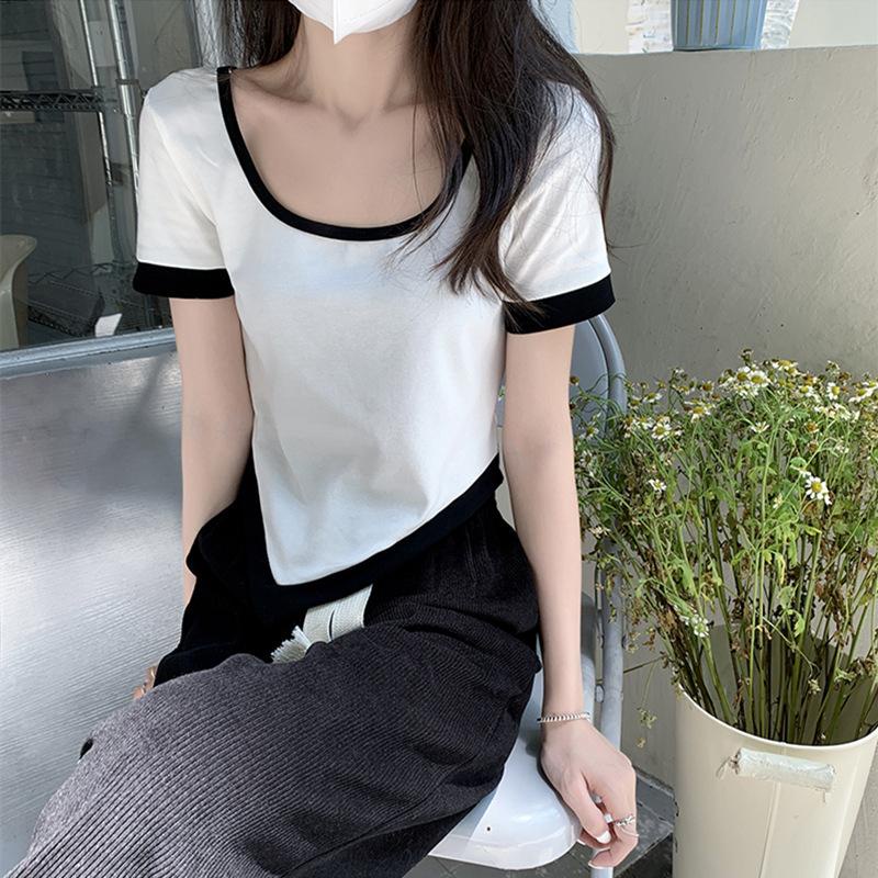 Áo Thun Tay Ngắn Trễ Vai Màu Sắc Tương Phản Thời Trang Mùa Hè Dành Cho Nữ