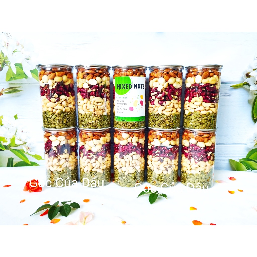 Mix 5 Loại Hạt Dinh Dưỡng Hộp 500g (Hạnh Nhân, Điều, Macca, Óc chó Đỏ, Bí)
