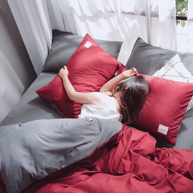 BỘ CHĂN GA GỐI COTTON TICI CAO CẤP ( CHĂN ĐÃ TRẦN BÔNG) MÀU ĐỎ GHI - ĐỦ KÍCH THƯỚC