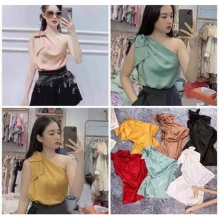 Áo phi lụa lệch vai cột nơ 1 bên Sang Chảnh😍