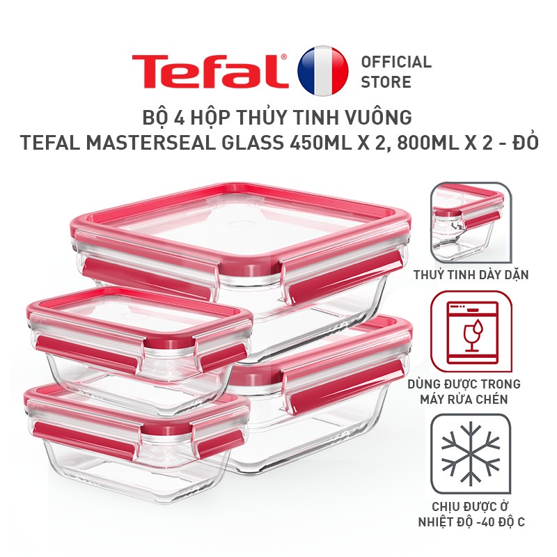 Bộ 4 hộp thủy tinh vuông Tefal Masterseal Glass 450ml x 2, 800ml x 2 - đỏ