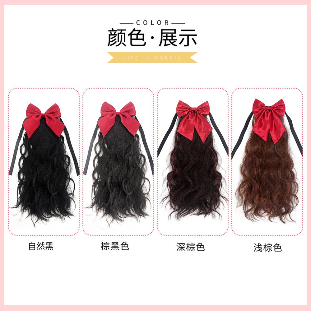 Ponytail wig female bow bandage long curly hair ponytail extensions braid short curly hair big wave realistic short wig