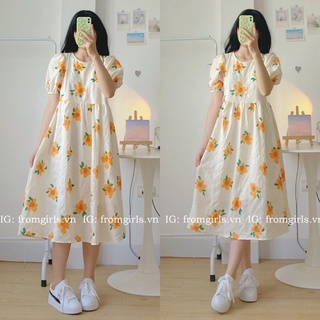 Đầm babydoll hoa vàng, váy maxi hoa dáng rộng tay phồng 2 lớp - V79