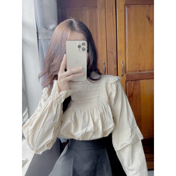 Áo sơ mi babydoll viền ren tay bèo 2 tầng tiểu thư Quảng Châu Meow meow