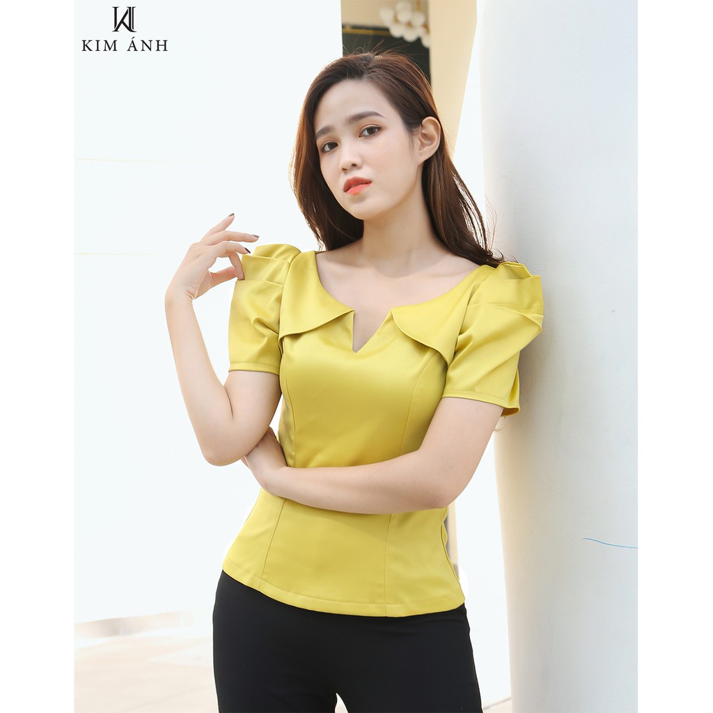 Áo Kiểu Sơ Mi Nữ Kim Ánh Tay Ngắn  Lụa Hàn Họa Tiết Trơn Phong Cách Công Sở  Nhiều Kích Thước AKSX20003