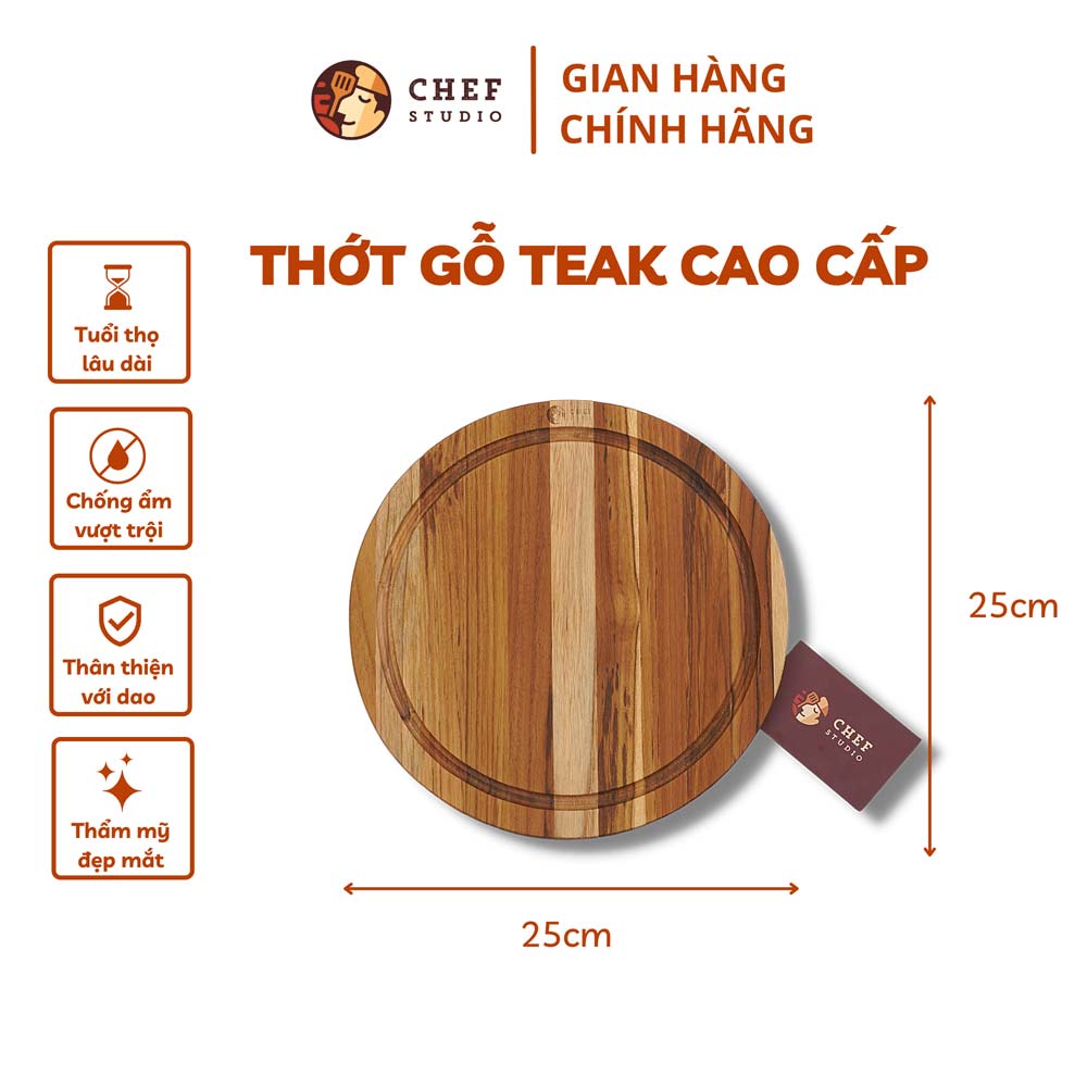 Thớt gỗ Teak Chef Studio cao cấp hình tròn có rãnh, dày 1.4 cm dùng cho cắt thái và trang trí