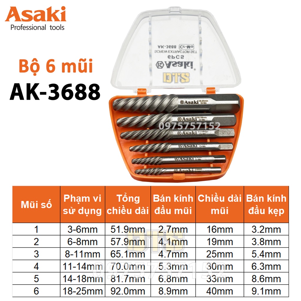 Bộ 6 mũi ren lấy bu lông, ốc vít gãy Asaki AK-3688, bộ mũi vít nhổ ốc gãy toét thép Cr-Mo cao cấp, siêu cứng, siêu bền