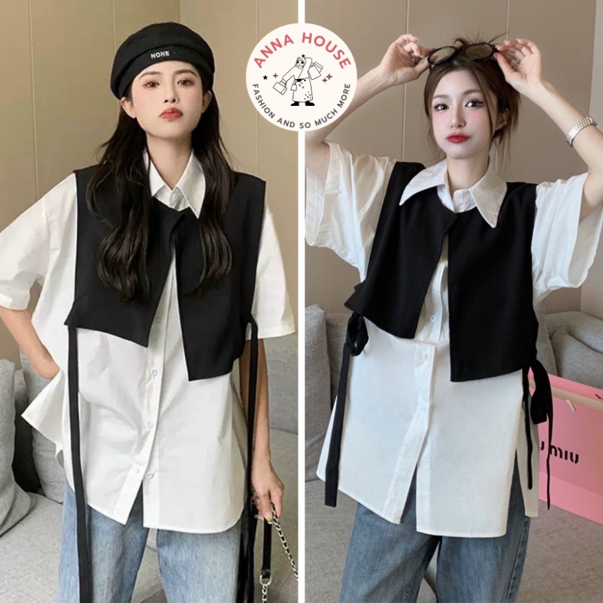 Set áo sơ mi trắng cộc tay kèm áo gile đen buộc nơ sườn 2 bên cá tính, set áo sơ mi ngắn tay phối gile dây eo