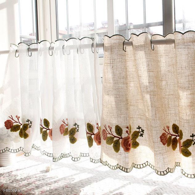 Rèm ngắn vải cotton pha thêu họa tiết trang trí nhà bếp quán cà phê