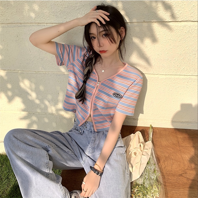 Áo Cardigan Dệt Kim Tay Ngắn Cổ Chữ V Phối Khóa Kéo Thời Trang