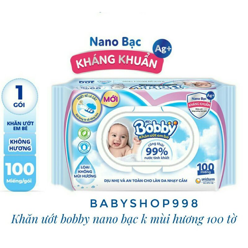 [ Nano Bạc] Khăn Ướt Bobby Không Mùi Hương 100 tờ.( xanh)