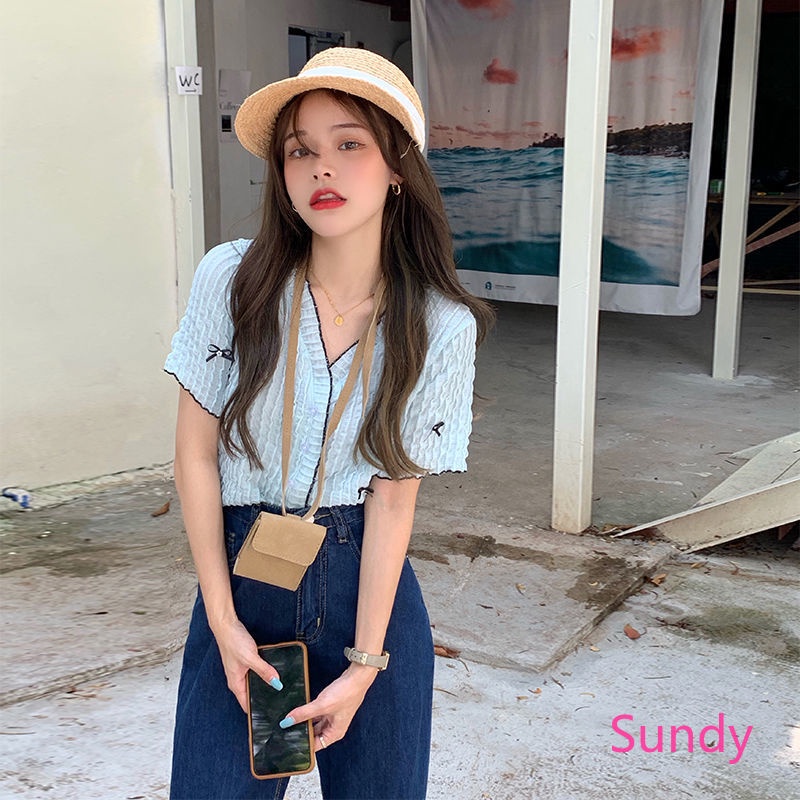 Áo Sơ Mi Ngắn Tay Cổ V Thắt Nơ Phong Cách Phương Tây Thời Trang Mùa Hè Dành Cho Nữ