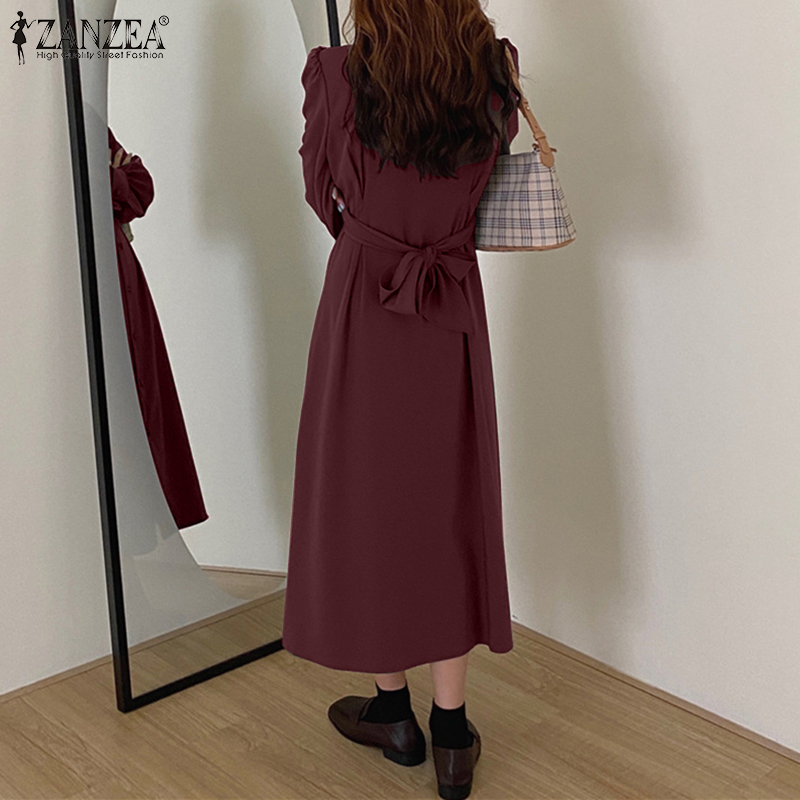 Váy Maxi ZANZEA Tay Phồng Cổ Tim Màu Trơn Kiểu Dáng Thanh Lịch Dành Cho Nữ | BigBuy360 - bigbuy360.vn