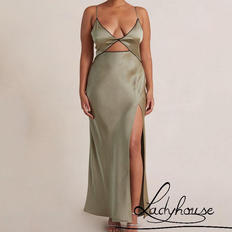 Ldd-đầm Nữ Mùa Hè Hai Dây Spaghetti Khoét Sâu Viền Rỗng Xẻ Tà Một Mảnh Cho Nữ S / M / L / XL