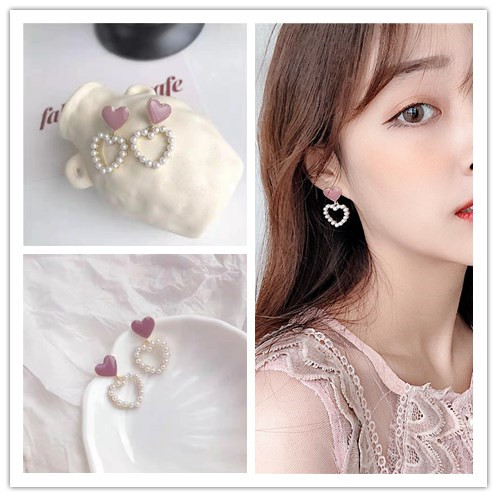 Hoa Tai Hình Trái Tim Đính Ngọc Trai Nhân Tạo Thời Trang