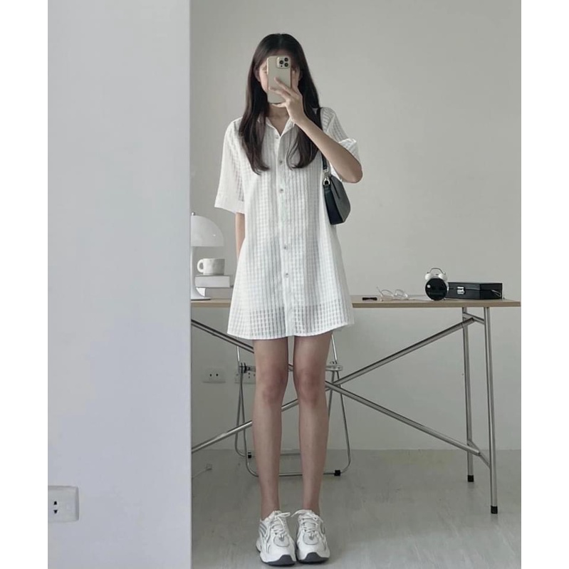 Sơ Mi Dáng Dài Nơ Eo Kè Xốp Dáng Rộng Vintage Tiểu Thư-0 Váy Dáng Suông cổ Bẻ Nơ Eo Uzzlang