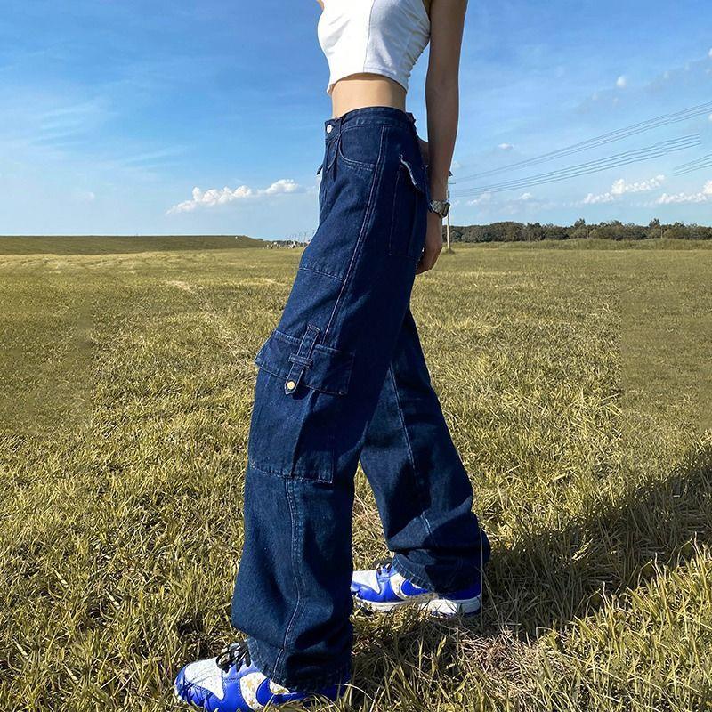 Quần Jean Dài Lưng Cao Ống Rộng Phối Nhiều Túi Phong Cách Retro Mỹ Cá Tính Cho Nữ