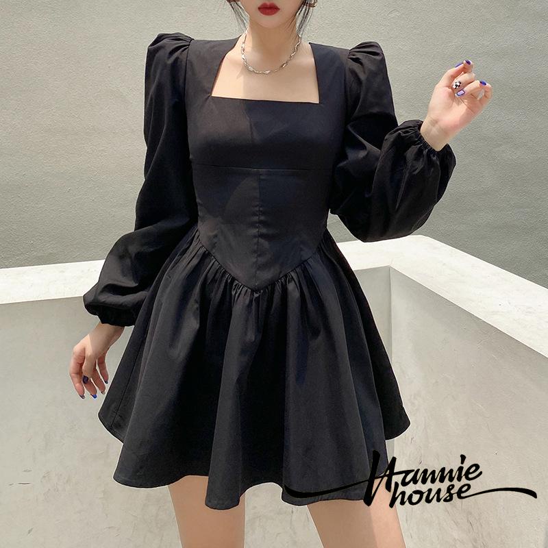 Đầm cổ vuông màu đen phong cách Pháp thời trang cho nữ