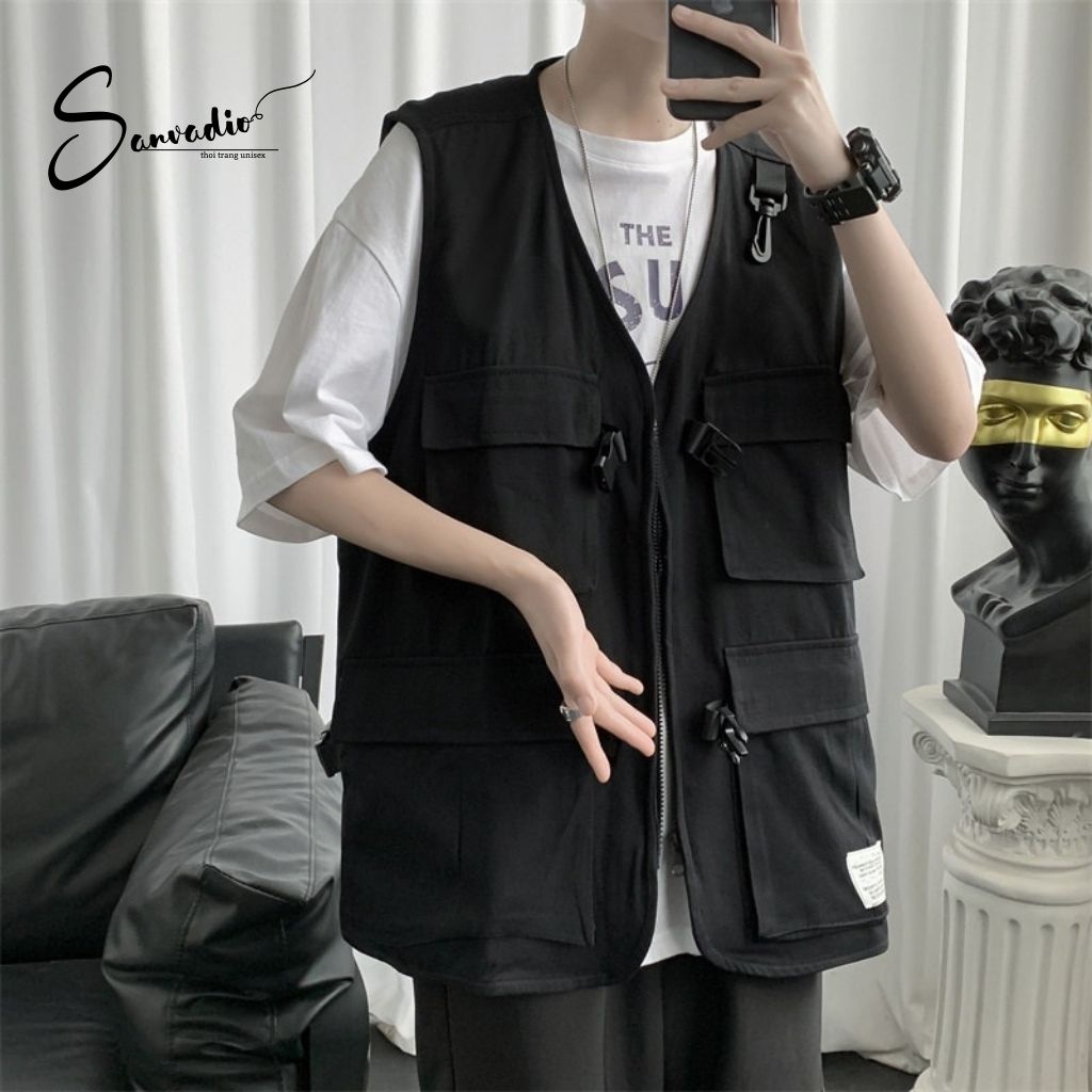 Áo Gile Nam SANVADIO Gile Nam Form Rộng Có Túi Hộp Phong Cách Ullzang Unisex Basic Cao Cấp Thời Trang Hàn Quốc GL22