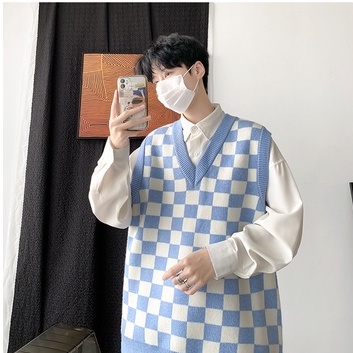 Áo gile kẻ caro vintage, áo không tay len co dãn, có bigsize phong cách softboy, gi-lê nam nữ