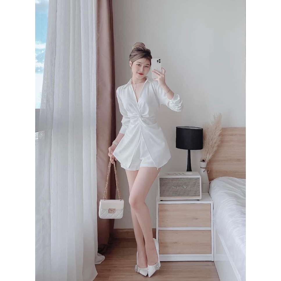Set bộ đùi nữ đi tiệc, set bộ sơ mi áo tay dài xoắn bụng xẻ lai chất tuyết nhung sang trọng