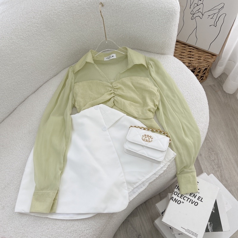 SET ÁO SƠ MI XANH NHÍU NGỰC TAY DÀI + CHÂN VÁY QUẦN
