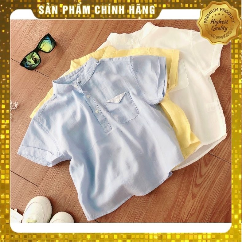 Áo sơ mi bé trai 2-8 tuổi cộc tay cổ tàu túi ngực Tommy, Áo hè cho bé vải đũi nhẹ mát