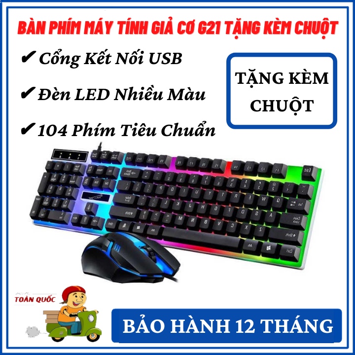 Bàn Phím Máy Tính Giả Cơ Có Dây G21 Đèn LED 7 Màu Tặng Kèm Chuột, Chuyên Chơi Game, Nhỏ Gọn Siêu Bền - BH 12 Tháng