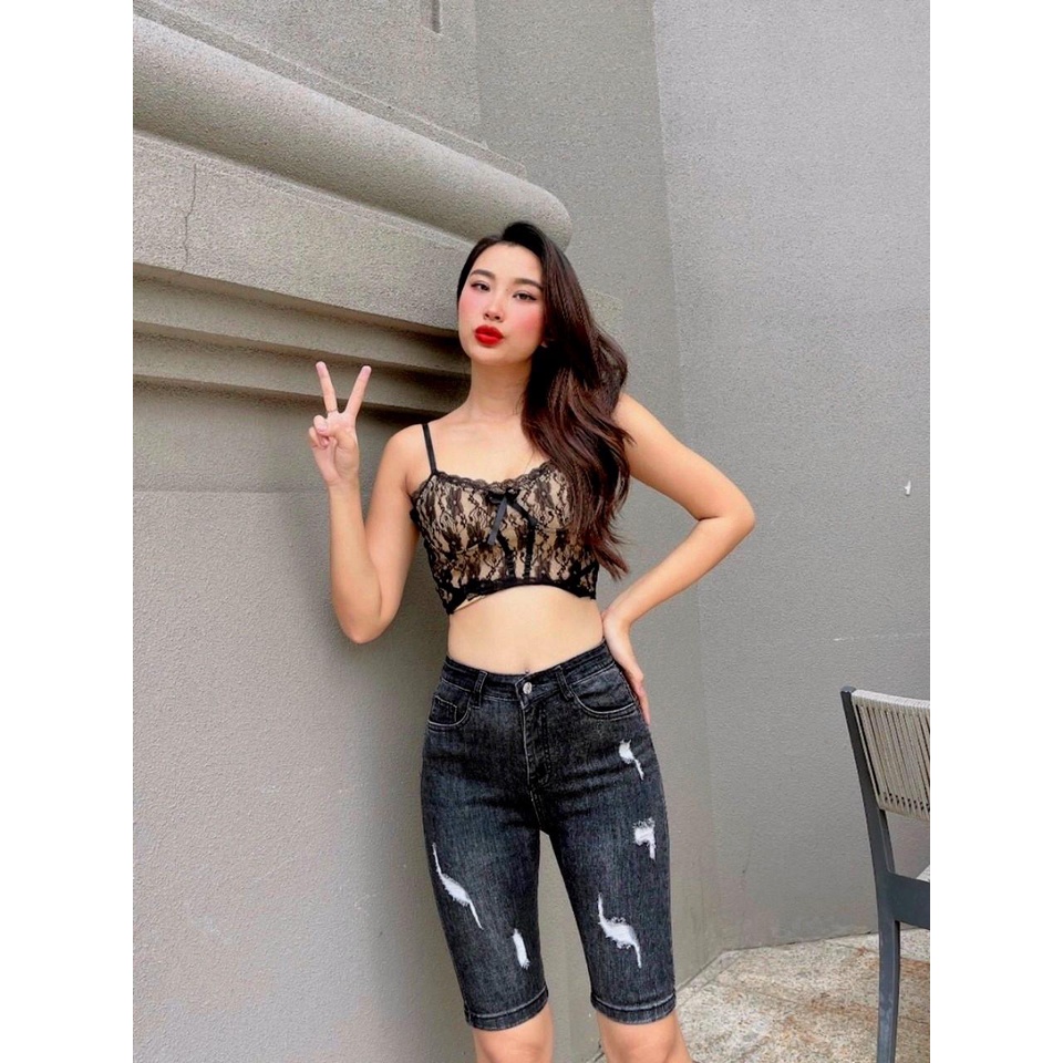 Quần jean lửng gối nữ lưng cao mẫu rách hàng co giãn