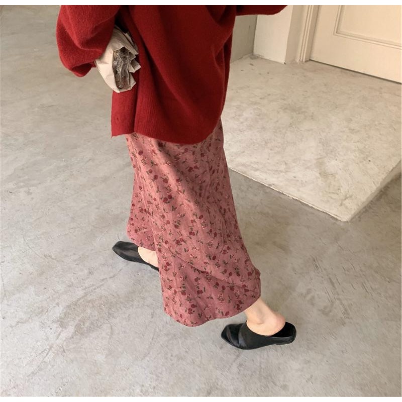 Váy xinh📌FREESHIP📌Set trang phục váy hoa nhí hồng đất kết hợp áo khoác cardigan len phong cách trẻ trung thu đông