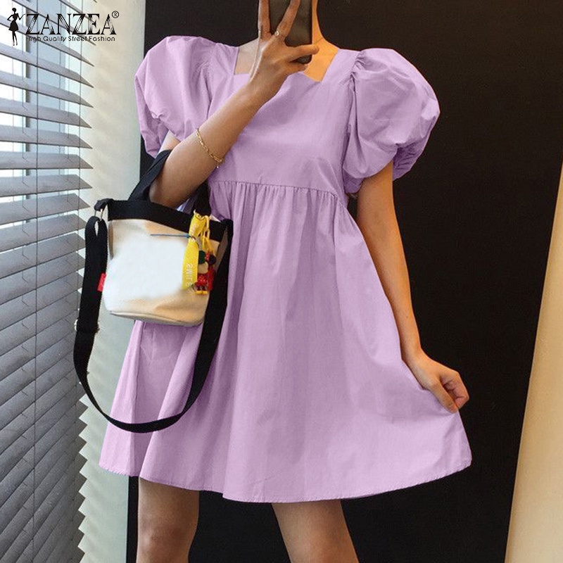 Đầm ZANZEA dáng chữ A tay phồng phong cách Hàn Quốc thời trang cho nữ