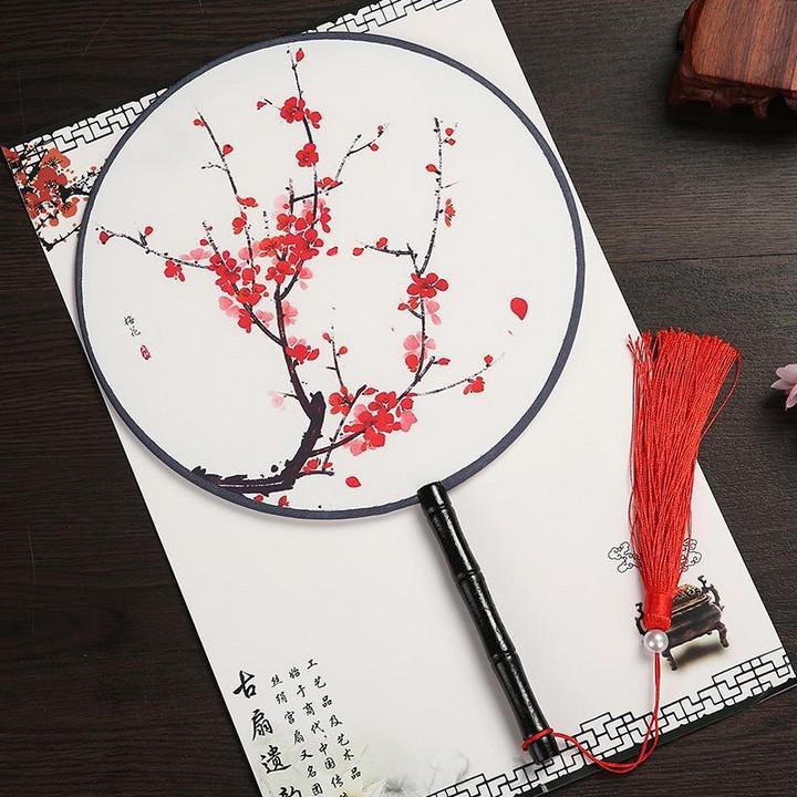 Quạt tròn cổ trang Đào thế dựng cầm tay phong cách cổ đại in hình