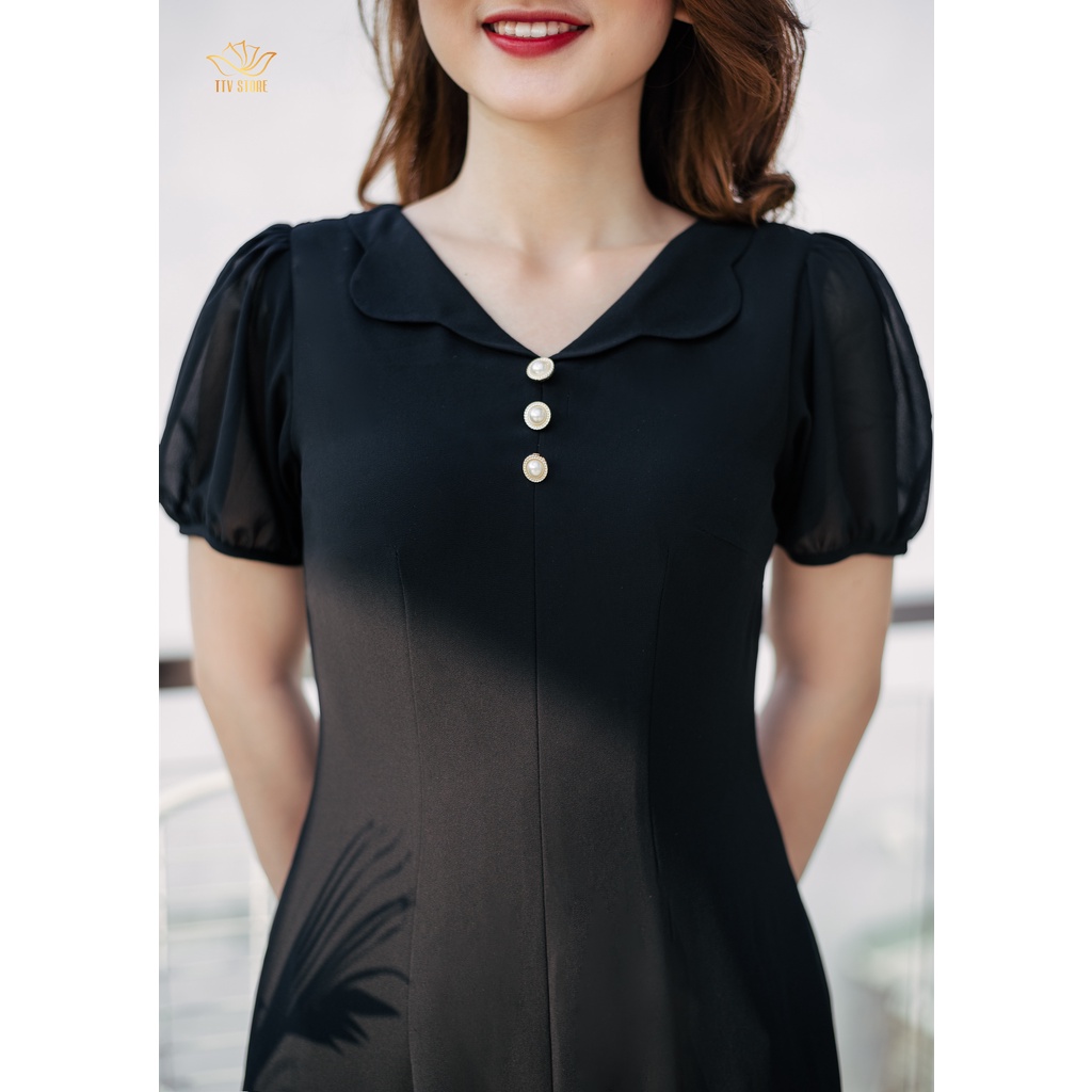 Đầm suông trung niên dự tiệc - Cổ lá sen kết nút - Đen - TTV878 TTV Store