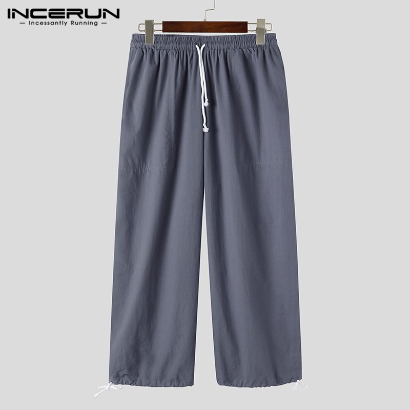 Quần Dài INCERUN Ống Rộng Lưng Thun Màu Trơn Dây Rút Cá Tính Cho Nam