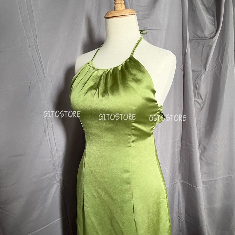 ĐẦM CỔ YẾM MIDI XANH  CỘT NƠ LƯNG 2 DÂY - GD236