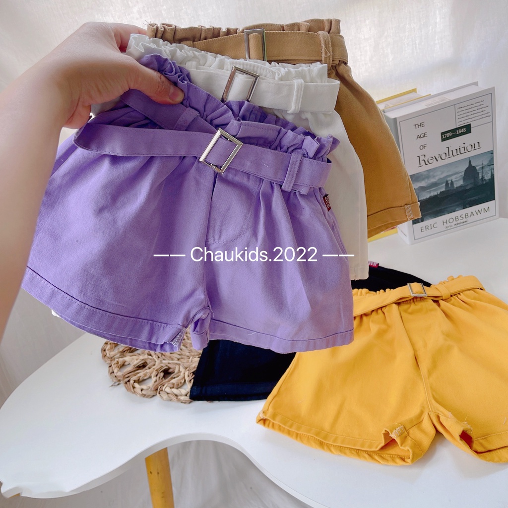 Quần đùi bé gái, quần đùi kaki cạp cao kèm đai cho bé size 13- 26kg