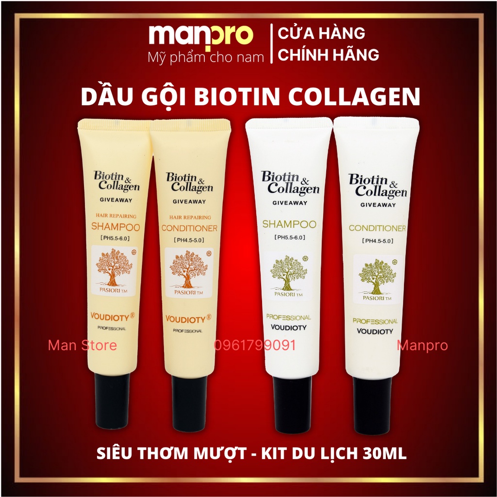 Dầu Gội Biotin Collagen Chính Hãng 30ml Kit Du Lịch Dùng Thử Vàng Trắng Siêu Thơm Mượt Giảm Rụng Phục Hồi Tóc Manpro