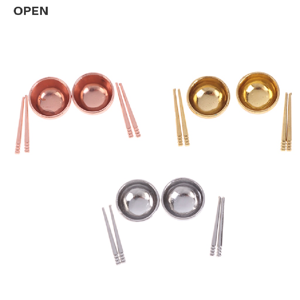 Op 1 Bộ Chén Và Đũa Mini Màu Vàng Bạc Phụ Kiện Cho Búp Bê Thu Nhỏ my